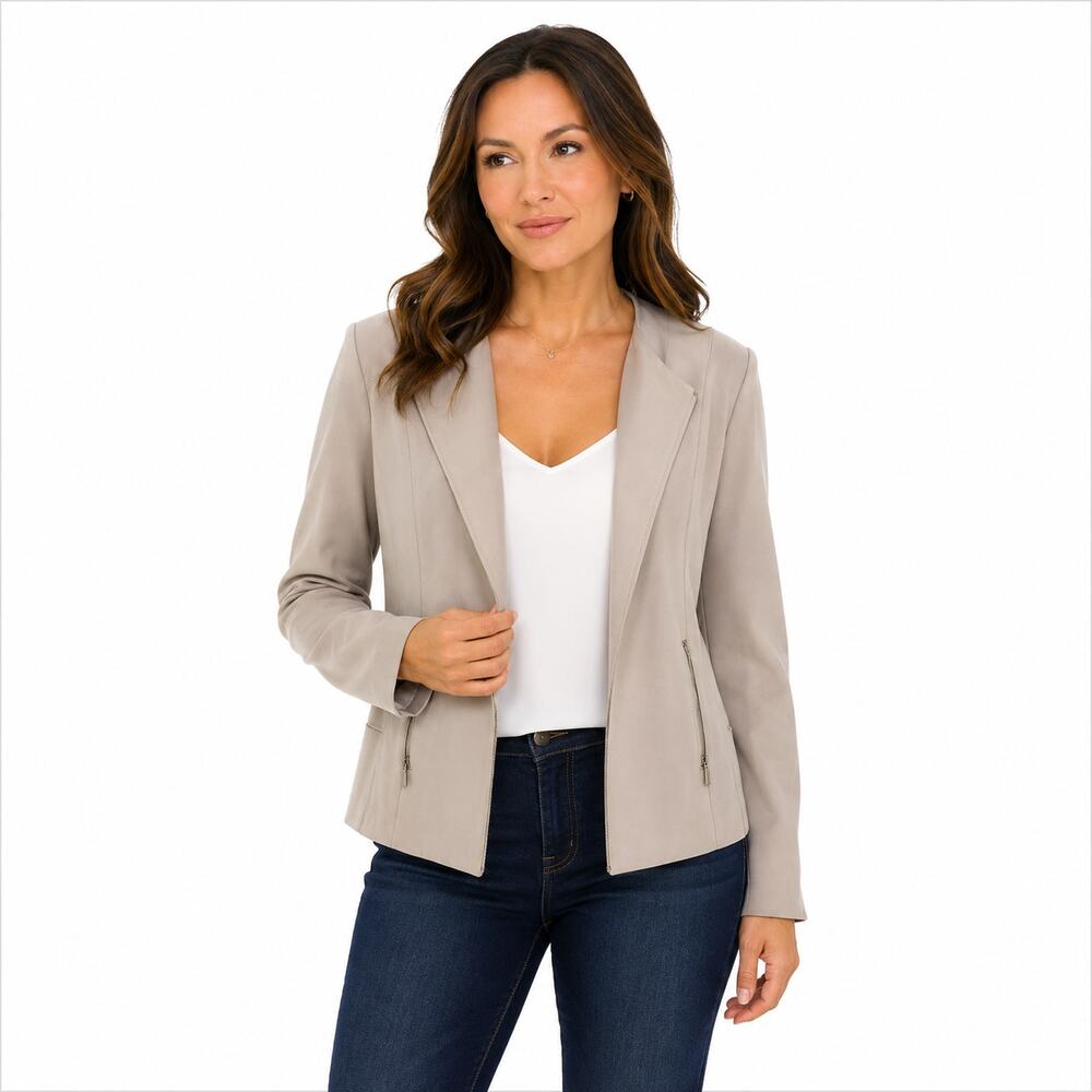 Calvin Klein Women’s Blazer Jacket Size 12 Beige Zip Front Zipper Pockets